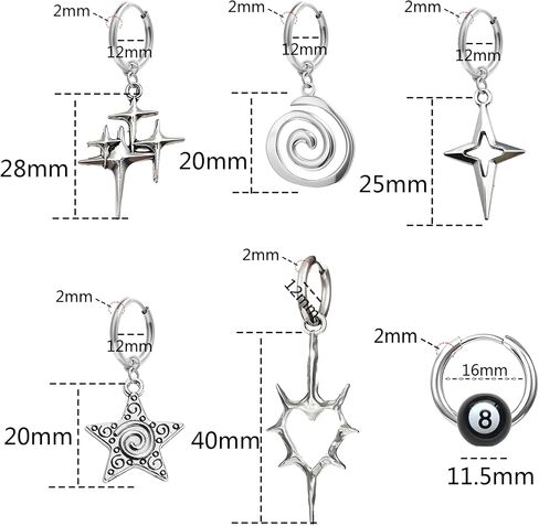 6 أزواج من الأقراط القوطية Y2K سبايك ستار هوب، Y2K Emo Punk Grunge Goth Earring Hoops، مجموعة مجوهرات الغضروف أقراط للنساء والرجال in Kuwait