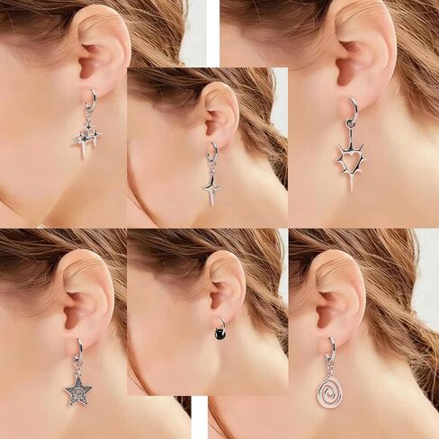 6 أزواج من الأقراط القوطية Y2K سبايك ستار هوب، Y2K Emo Punk Grunge Goth Earring Hoops، مجموعة مجوهرات الغضروف أقراط للنساء والرجال in Kuwait