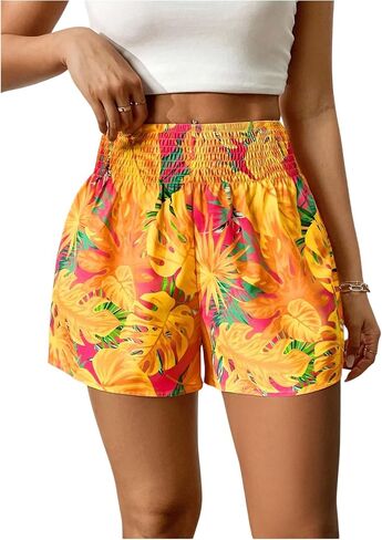 SOLY HUX Women's Tropical Print Shorts Shirred Elastic High Waisted Wide Leg Summer Shorts in Saudi Arabia