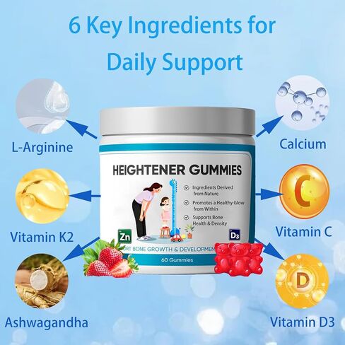 Heightener Gummies, Natural Height Growth Supplement for Teens and Adults, Increase Bone Strength with Calcium & Zinc, Vitamin C, D, L-Arginine, 60 Gummy (1PCS) in Kuwait