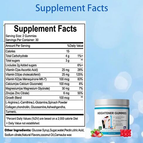 Heightener Gummies, Natural Height Growth Supplement for Teens and Adults, Increase Bone Strength with Calcium & Zinc, Vitamin C, D, L-Arginine, 60 Gummy (1PCS) in Kuwait