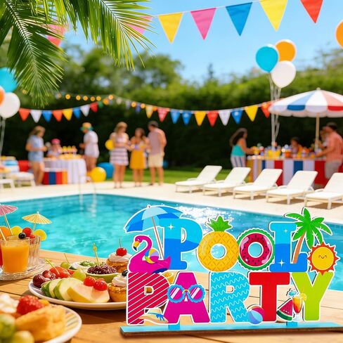 Pool Party Decorations Wood Table Centerpieces 11.81" x 6.37" Summer Pool Party Table Decorations Hawaiian Party Decor Sign for Summer Holiday Party Tabletop Decor in Saudi Arabia