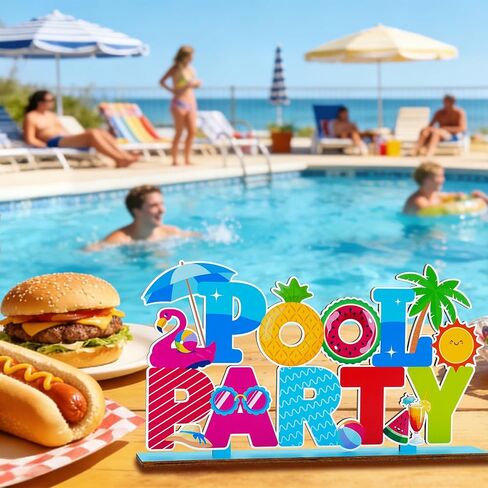 Pool Party Decorations Wood Table Centerpieces 11.81" x 6.37" Summer Pool Party Table Decorations Hawaiian Party Decor Sign for Summer Holiday Party Tabletop Decor in Saudi Arabia