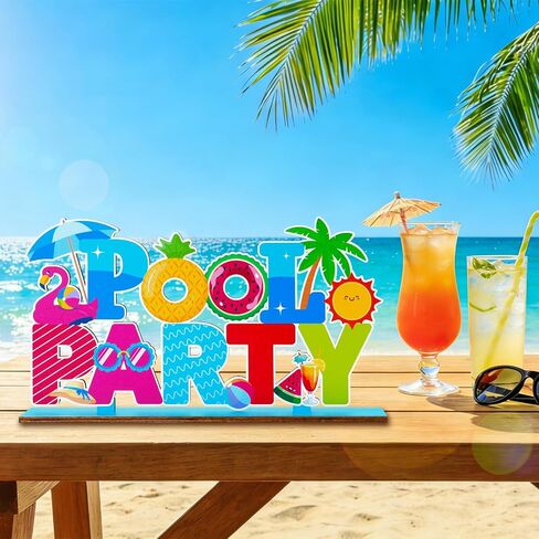 Pool Party Decorations Wood Table Centerpieces 11.81" x 6.37" Summer Pool Party Table Decorations Hawaiian Party Decor Sign for Summer Holiday Party Tabletop Decor in Saudi Arabia