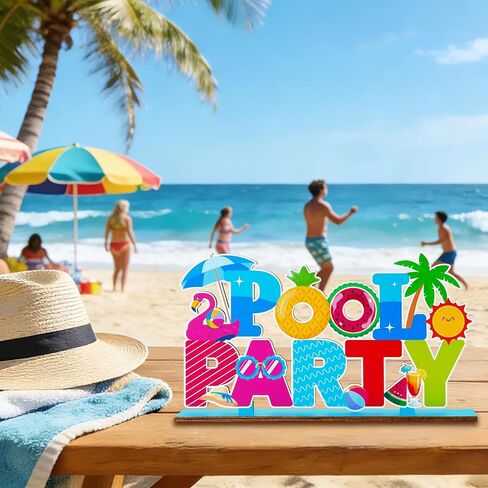 Pool Party Decorations Wood Table Centerpieces 11.81" x 6.37" Summer Pool Party Table Decorations Hawaiian Party Decor Sign for Summer Holiday Party Tabletop Decor in Saudi Arabia