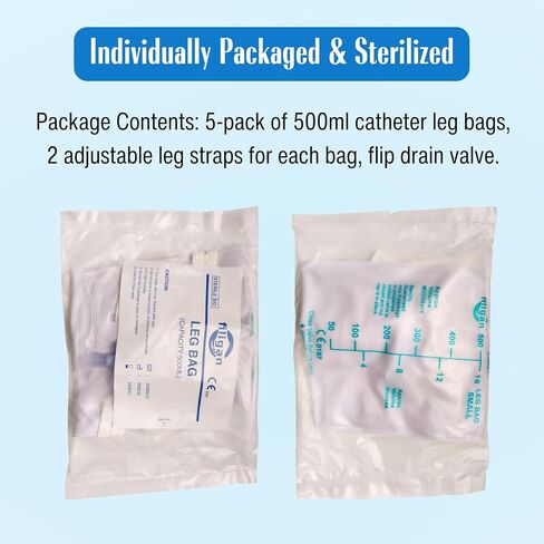 5 Pack Easy-Tap Catheter Leg Bags, 500ml Urinary Drainage Bag, Anti-Reflux Valve, Cloth Straps, Easy Flip Drain in Saudi Arabia