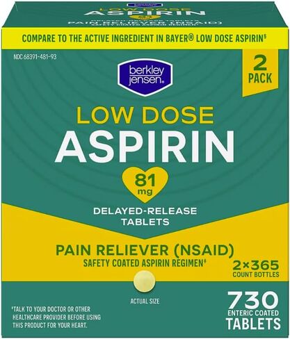 berkley jensen Aspirin 81mg Low Dose (730 Count), Enteric Coated Tablets, NSAID Pain Reliever & Fever Reducer, for Minor Aches, Muscle Pain & Cramps. Safety Coated, Made in USA, 365 Ct. (Pack of 2) in Saudi Arabia