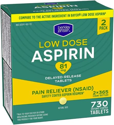 berkley jensen Aspirin 81mg Low Dose (730 Count), Enteric Coated Tablets, NSAID Pain Reliever & Fever Reducer, for Minor Aches, Muscle Pain & Cramps. Safety Coated, Made in USA, 365 Ct. (Pack of 2) in Saudi Arabia