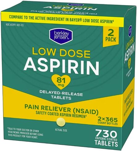 berkley jensen Aspirin 81mg Low Dose (730 Count), Enteric Coated Tablets, NSAID Pain Reliever & Fever Reducer, for Minor Aches, Muscle Pain & Cramps. Safety Coated, Made in USA, 365 Ct. (Pack of 2) in Saudi Arabia