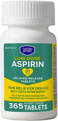 berkley jensen Aspirin 81mg Low Dose (730 Count), Enteric Coated Tablets, NSAID Pain Reliever & Fever Reducer, for Minor Aches, Muscle Pain & Cramps. Safety Coated, Made in USA, 365 Ct. (Pack of 2) in Saudi Arabia