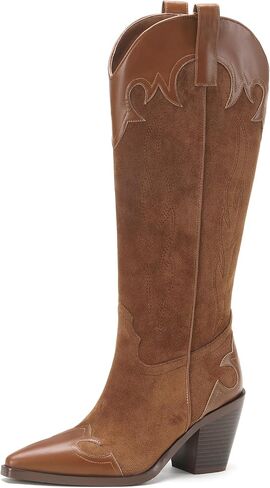 Cozivwaiy Women Brown Cowboy Boots Embroidery Tall Western Boot Knee High Spring Boots Side Zipper Suede Patchwork Country Concert Shoes in Saudi Arabia