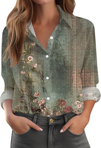 Long Sleeve Blouse for Women 2026 Spring Fall Button Up Floral Casual Loose Shirts in Saudi Arabia