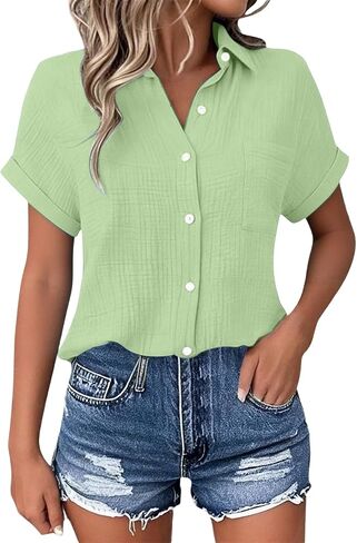 Gauze Shirts for Women Button Down Blouses Short Sleeve Textured Collared Summer Work Tops in Saudi Arabia