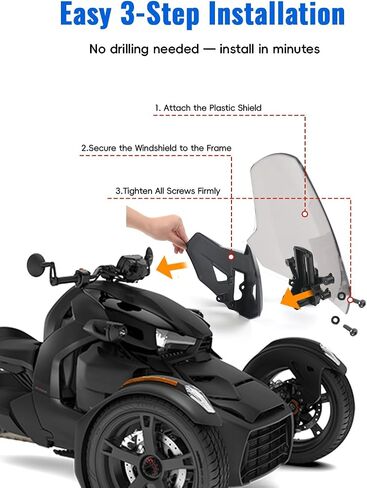 Dark Tinted Front Windshield for Can-Am Ryker All Models, 3" Adjustable Wind Deflector Dustproof Hard Coated Windscreen for Can Am Ryker 600 900 Sport Rally Accessories (Replace #219401032) in Kuwait