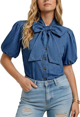 Denim Shirt Women Button Down Short Puff Sleeve Denim Top Bow Tie Neck Work Blouses Casual Jean Shirt in Saudi Arabia