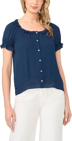 CeCe Wide Ruffle Neck Button Front Top in Kuwait