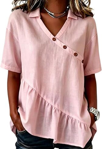 Womens Cotton Linen Tops Button Up V Neck Flowy Ruffle Shirts Summer Trendy Half Sleeve Gauze Blouses Beach Outfits in Saudi Arabia