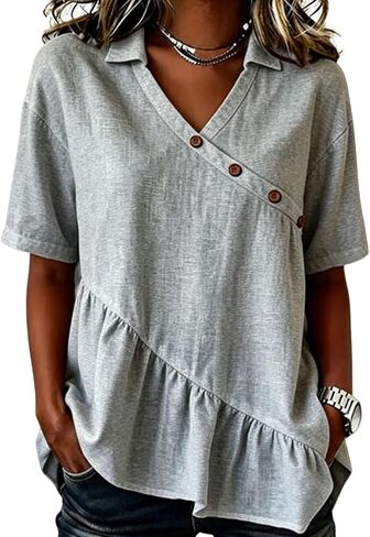 Womens Cotton Linen Tops Button Up V Neck Flowy Ruffle Shirts Summer Trendy Half Sleeve Gauze Blouses Beach Outfits in Saudi Arabia