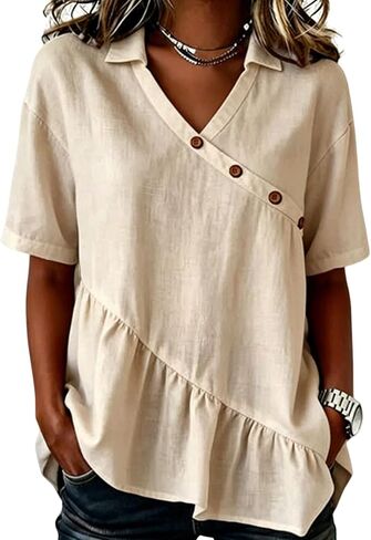 Womens Cotton Linen Tops Button Up V Neck Flowy Ruffle Shirts Summer Trendy Half Sleeve Gauze Blouses Beach Outfits in Saudi Arabia
