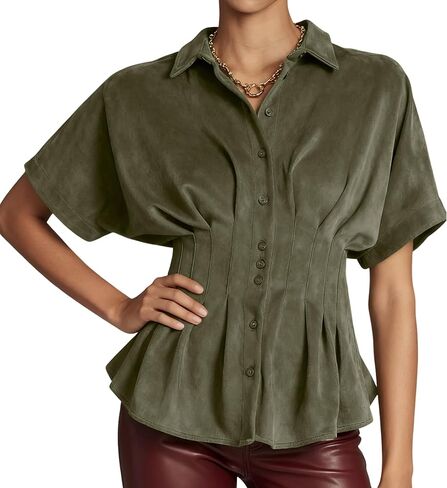 Women's Casual Faux Suede Shirt Button Down Peplum Tops Short Sleeves Flared Blouse in Saudi Arabia