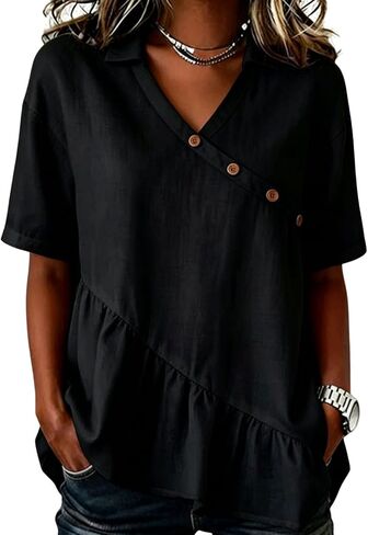 Womens Cotton Linen Tops Button Up V Neck Flowy Ruffle Shirts Summer Trendy Half Sleeve Gauze Blouses Beach Outfits in Saudi Arabia