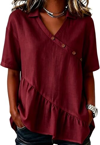 Womens Cotton Linen Tops Button Up V Neck Flowy Ruffle Shirts Summer Trendy Half Sleeve Gauze Blouses Beach Outfits in Saudi Arabia