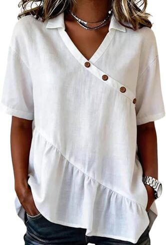 Womens Cotton Linen Tops Button Up V Neck Flowy Ruffle Shirts Summer Trendy Half Sleeve Gauze Blouses Beach Outfits in Saudi Arabia