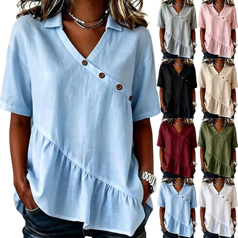 Womens Cotton Linen Tops Button Up V Neck Flowy Ruffle Shirts Summer Trendy Half Sleeve Gauze Blouses Beach Outfits in Saudi Arabia