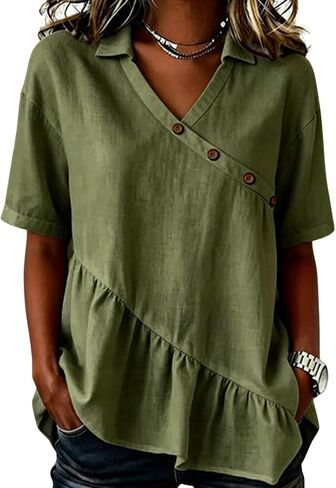 Womens Cotton Linen Tops Button Up V Neck Flowy Ruffle Shirts Summer Trendy Half Sleeve Gauze Blouses Beach Outfits in Saudi Arabia