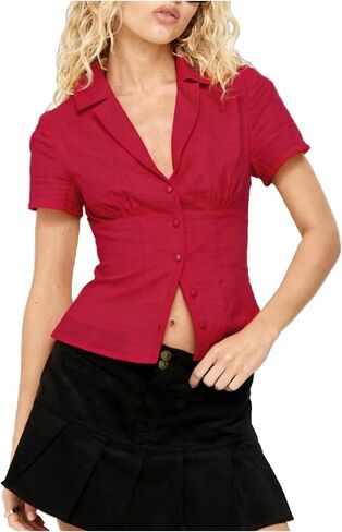 Women Slim Short Sleeve Button Up Shirt Solid Color Fitted Button Down Blouse Vintage Basic Collared Ruched Top in Saudi Arabia