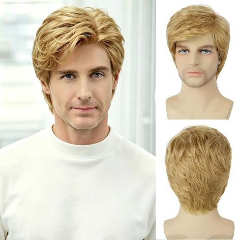 Mens Blonde Wig Short Layered Natural Wavy Heat Resistant Synthetic Male Guy Funny Wigs for Daily Party Costume Cosplay Halloween (Blonde) in Saudi Arabia