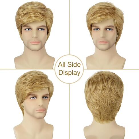 Mens Blonde Wig Short Layered Natural Wavy Heat Resistant Synthetic Male Guy Funny Wigs for Daily Party Costume Cosplay Halloween (Blonde) in Saudi Arabia