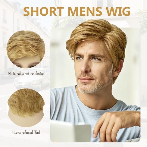 Mens Blonde Wig Short Layered Natural Wavy Heat Resistant Synthetic Male Guy Funny Wigs for Daily Party Costume Cosplay Halloween (Blonde) in Saudi Arabia