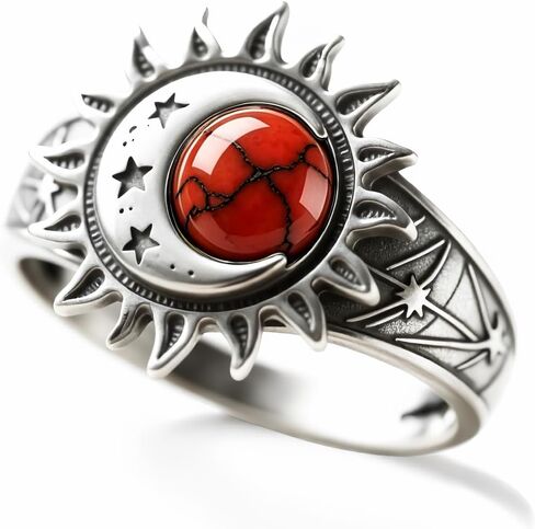 HAIXIAN S925 Sterling Silver Turquoise Ring, Sun Moon Star, Bohemian Vintage Statement Band for Women, Retro Celestial Boho Jewelry in Kuwait