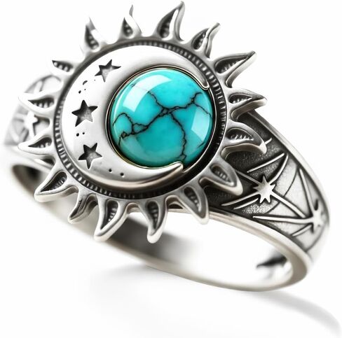 HAIXIAN S925 Sterling Silver Turquoise Ring, Sun Moon Star, Bohemian Vintage Statement Band for Women, Retro Celestial Boho Jewelry in Kuwait