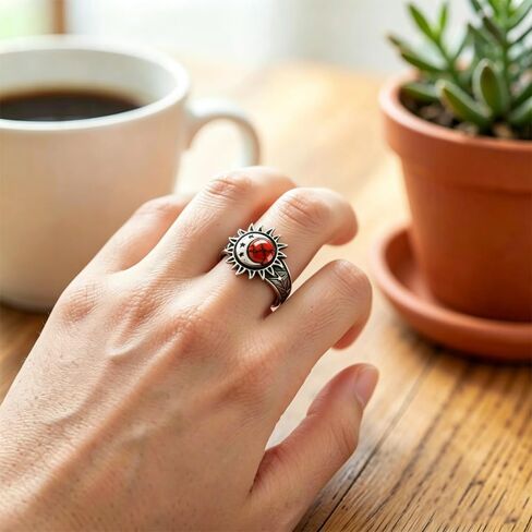 HAIXIAN S925 Sterling Silver Turquoise Ring, Sun Moon Star, Bohemian Vintage Statement Band for Women, Retro Celestial Boho Jewelry in Kuwait