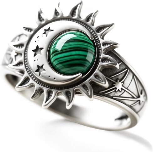 HAIXIAN S925 Sterling Silver Turquoise Ring, Sun Moon Star, Bohemian Vintage Statement Band for Women, Retro Celestial Boho Jewelry in Kuwait