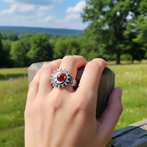 HAIXIAN S925 Sterling Silver Turquoise Ring, Sun Moon Star, Bohemian Vintage Statement Band for Women, Retro Celestial Boho Jewelry in Kuwait