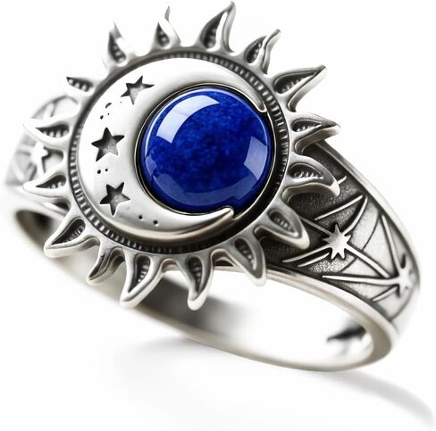 HAIXIAN S925 Sterling Silver Turquoise Ring, Sun Moon Star, Bohemian Vintage Statement Band for Women, Retro Celestial Boho Jewelry in Kuwait