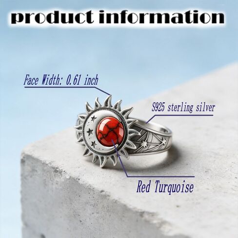 HAIXIAN S925 Sterling Silver Turquoise Ring, Sun Moon Star, Bohemian Vintage Statement Band for Women, Retro Celestial Boho Jewelry in Kuwait