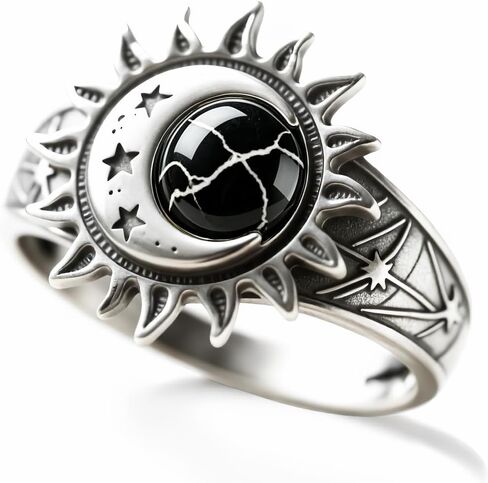 HAIXIAN S925 Sterling Silver Turquoise Ring, Sun Moon Star, Bohemian Vintage Statement Band for Women, Retro Celestial Boho Jewelry in Kuwait
