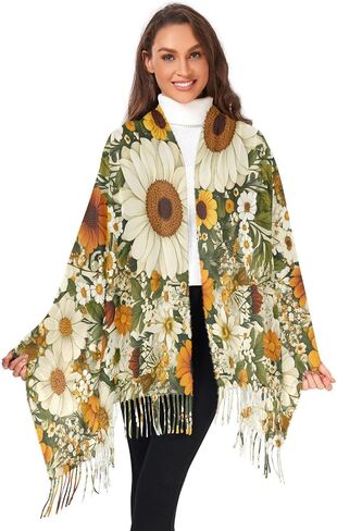 Women Scarf Soft Silky Thin Pashmina Shawl Wrap with Tassels Sunflowers Beautiful Print 86.6×30.71 in in Saudi Arabia