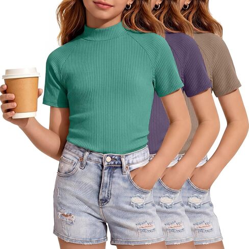 3 Pack Girls Shirts Short Sleeve Mock Turtleneck Summer Clothes Ribbed Knit Fitted Tops Kids Fashion Tees 5-14y in Kuwait