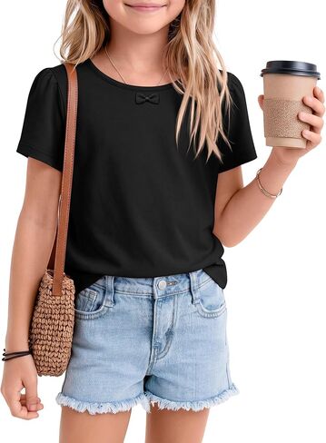 Girls Short Sleeve Shirts Kids Summer Crew Neck Tops Teen Cute Basic School Tees for 5-14 Years in Kuwait