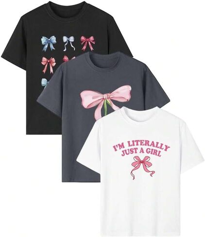 Girls 3 Pack Bow Graphic T Shirts Coquette Aesthetic Cute Print Short Sleeve Tee Set Kids Summer Outfit Tops in Kuwait