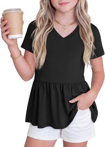 Girl's Short Sleeve Tops Causal Kids Peplum Babydoll Tunic Tees Ruffle Hem Summer Blouses Size 4-15 Years in Kuwait