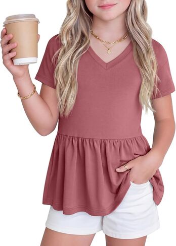 Girl's Short Sleeve Tops Causal Kids Peplum Babydoll Tunic Tees Ruffle Hem Summer Blouses Size 4-15 Years in Saudi Arabia