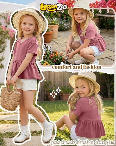 Girl's Short Sleeve Tops Causal Kids Peplum Babydoll Tunic Tees Ruffle Hem Summer Blouses Size 4-15 Years in Saudi Arabia