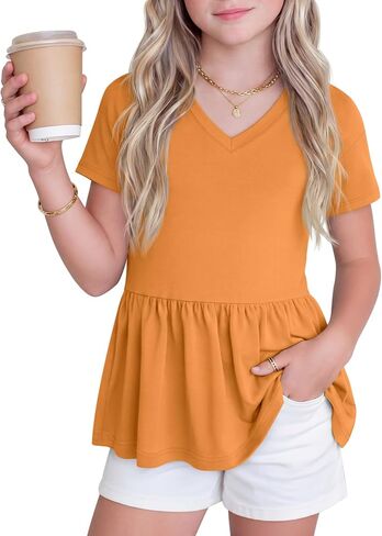 Girl's Short Sleeve Tops Causal Kids Peplum Babydoll Tunic Tees Ruffle Hem Summer Blouses Size 4-15 Years in Saudi Arabia