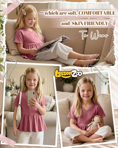 Girl's Short Sleeve Tops Causal Kids Peplum Babydoll Tunic Tees Ruffle Hem Summer Blouses Size 4-15 Years in Saudi Arabia